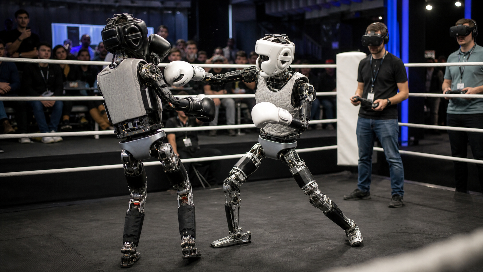 Zwei humanoide Roboter boxen in einem Ring, während Menschen sie mit VR-Headsets steuern [Bildinhalt mit KI erstellt]