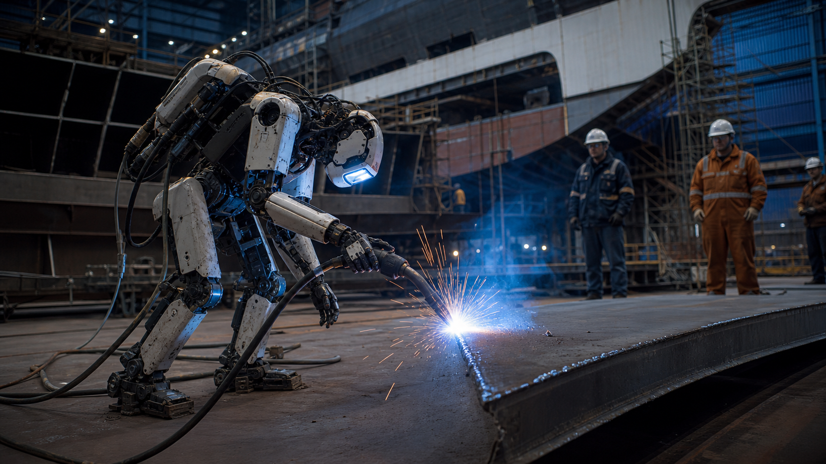 Humanoider Industrieroboter schweißt an einer großen Stahlsektion eines Schiffes [Bildinhalt mit KI erstellt]
