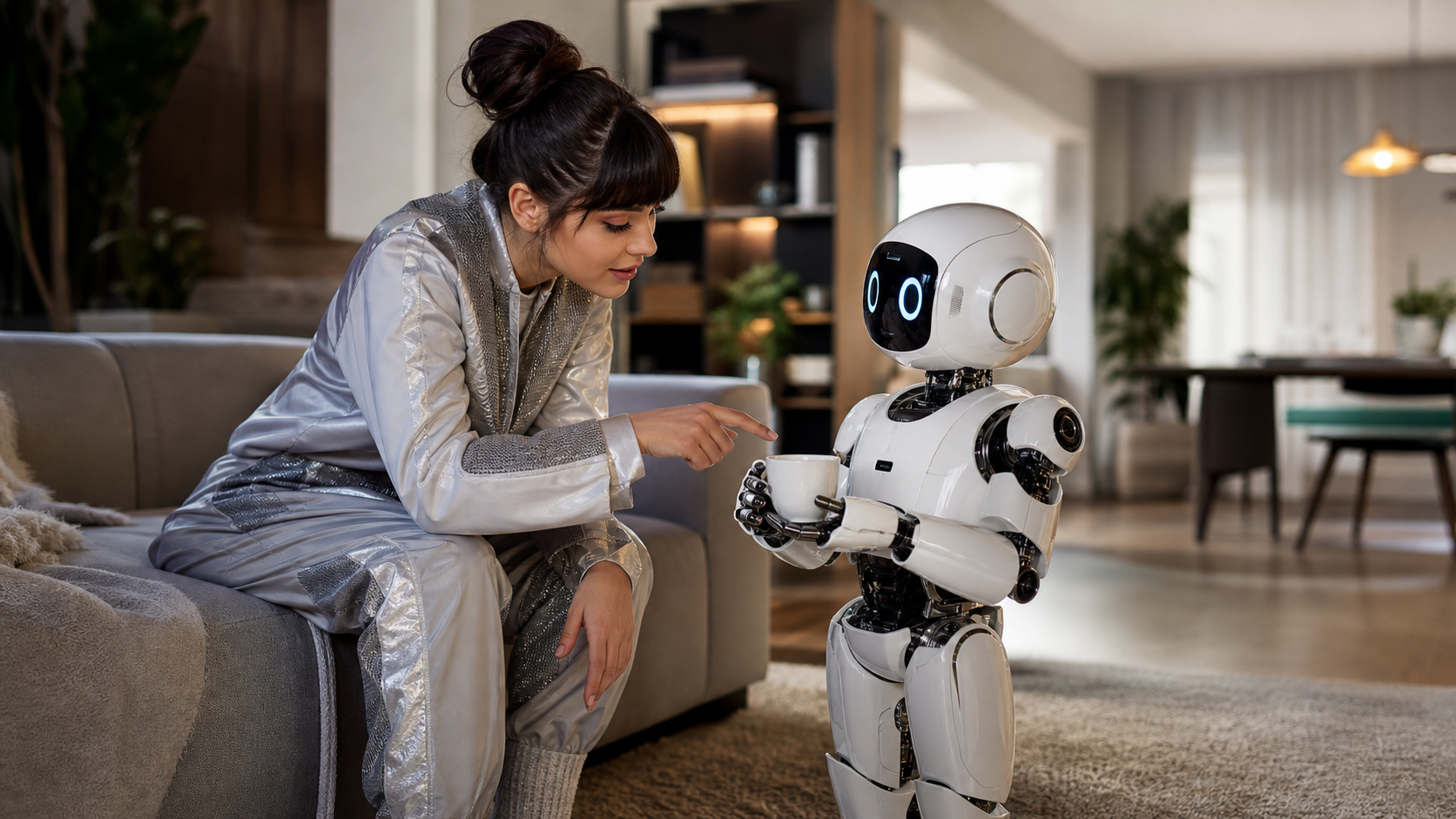 KI-generierte Symbolaufnahme: Frau mit humanoidem Roboter in einer Wohnung [Bildinhalt mit KI erstellt]