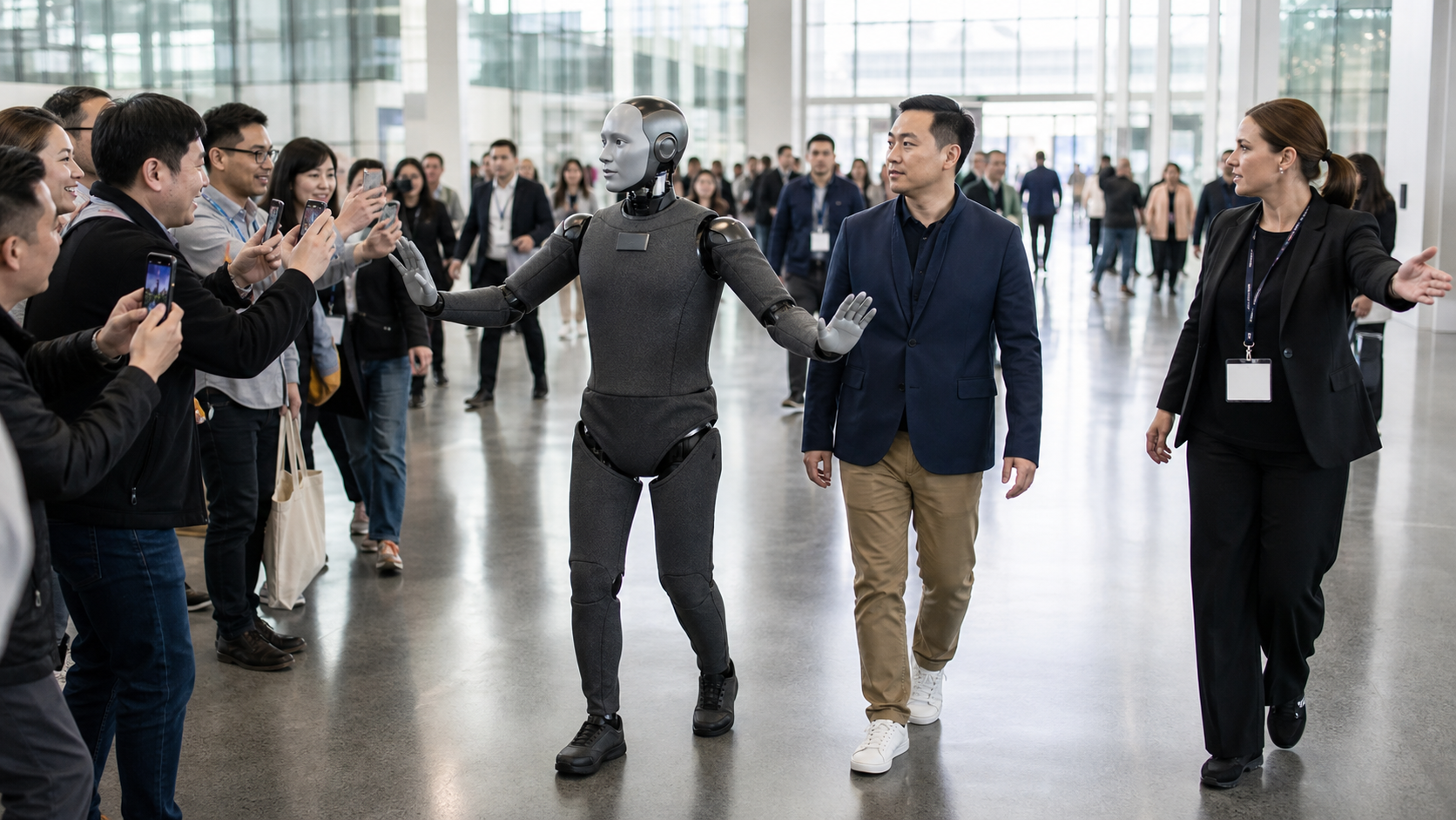 Robot di protezione umanoide mantiene rispettosamente la distanza con le mani aperte in mezzo alla folla [Contenuto visivo creato con l’IA]