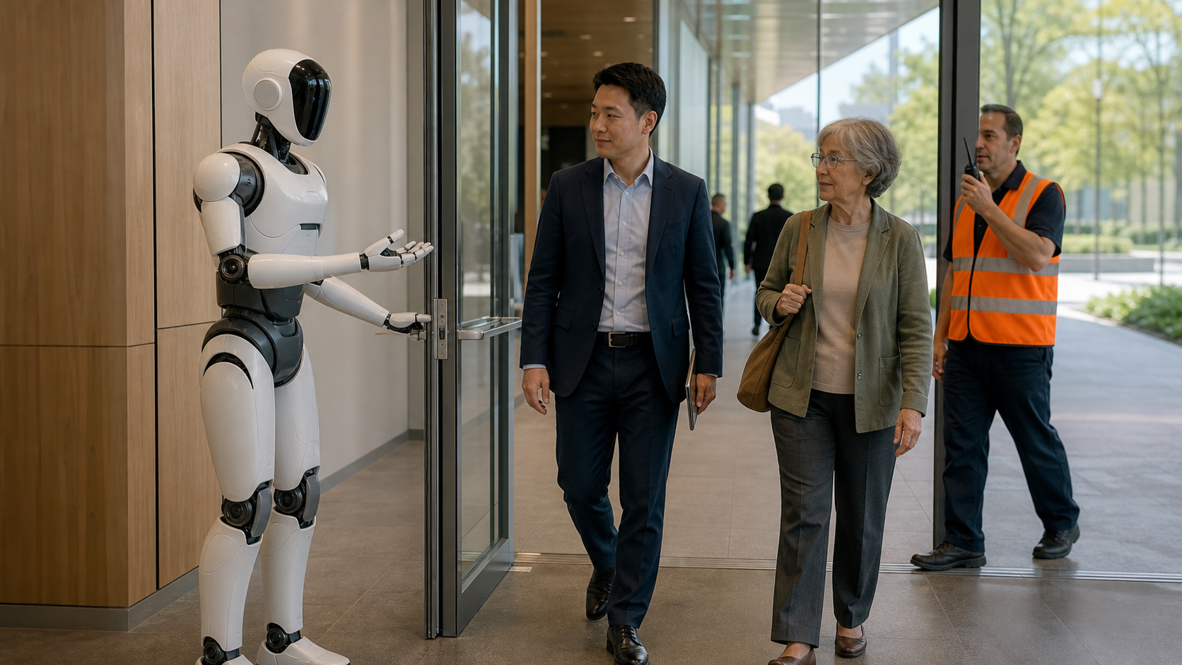 Un robot umanoide tiene aperta una porta durante un'evacuazione tranquilla e indica la via sicura [Contenuto visivo creato con l’IA]