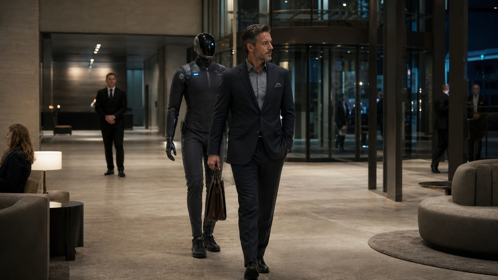 Humanoider Roboter begleitet eine Person als diskreter unbewaffneter Schutzassistent in einer Hotellobby [Contenu visuel créé avec l’IA]