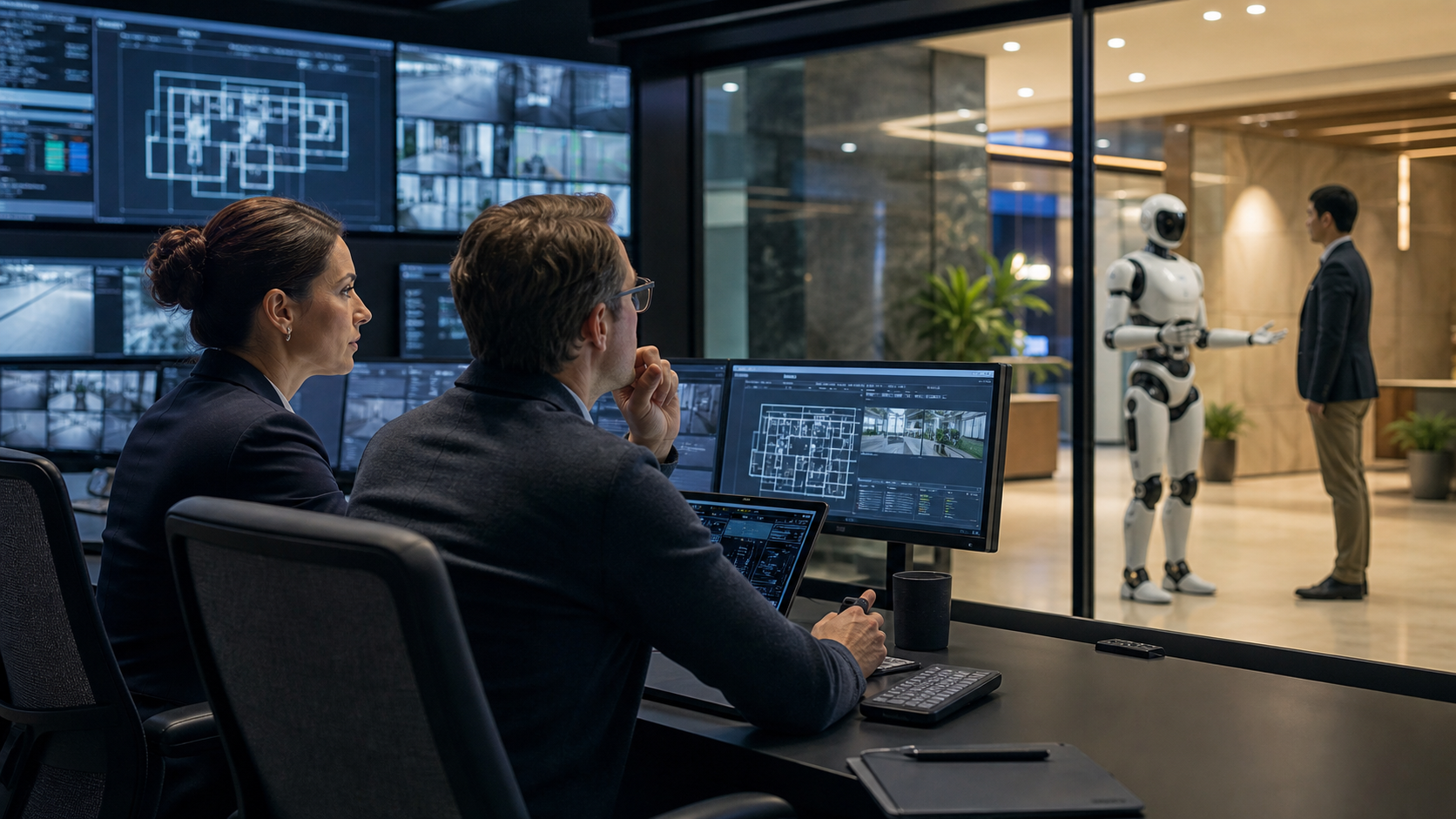 Operatori della sicurezza umana monitorano un robot di protezione umanoide da una centrale di controllo [Contenuto visivo creato con l’IA]