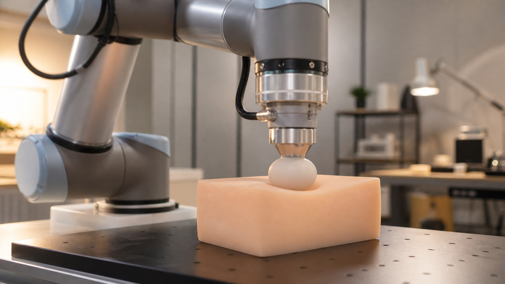 Kollaborativer Roboter passt sich sanft an den Kontakt mit einem elastischen Prüfteil an [Bildinhalt mit KI erstellt]