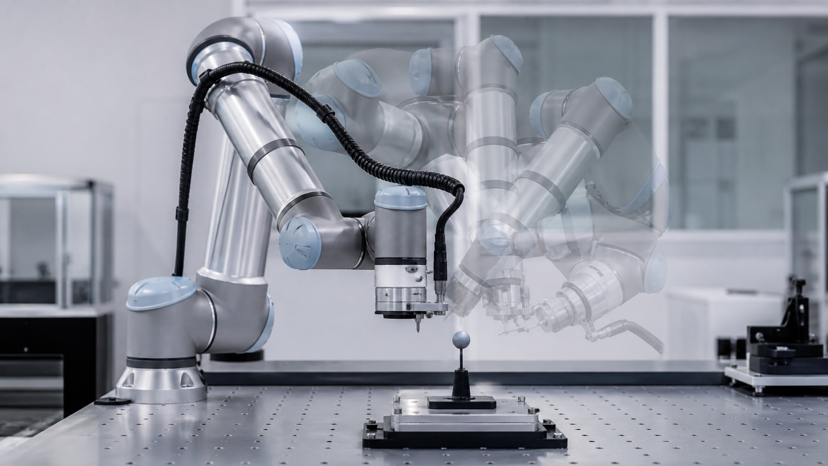 Industrieroboter richtet seinen Greifer präzise auf einen Zielpunkt aus [Bildinhalt mit KI erstellt]