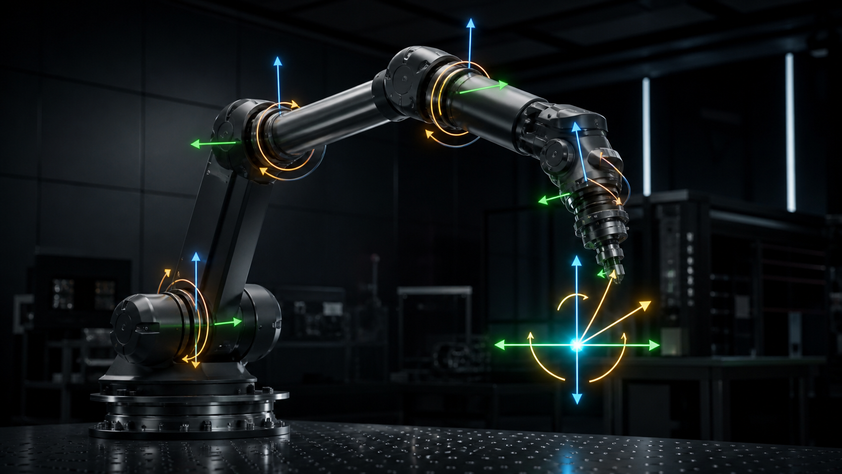 Roboterarm mit räumlichen Bewegungsvektoren an Gelenken und Werkzeug [Bildinhalt mit KI erstellt]