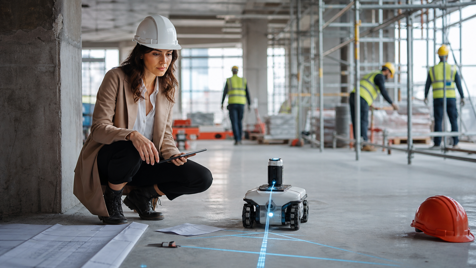KI-generierte Symbolaufnahme: Bauingenieurin überwacht einen autonomen Layout-Roboter auf einer Baustelle [Bildinhalt mit KI erstellt]