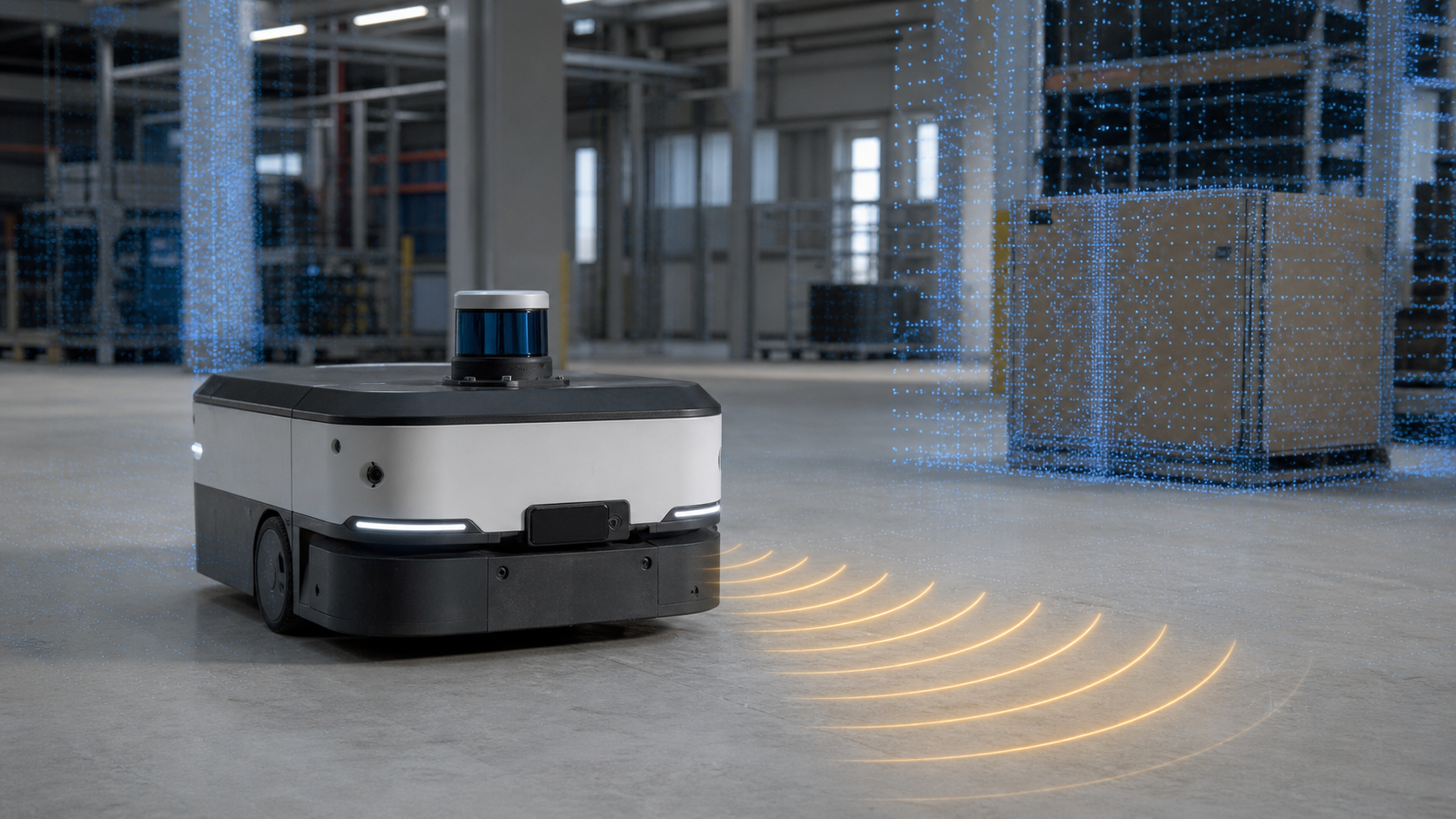 Autonomous mobile robot using LiDAR point clouds and radar sensing in an industrial hall [Bildinhalt mit KI erstellt]