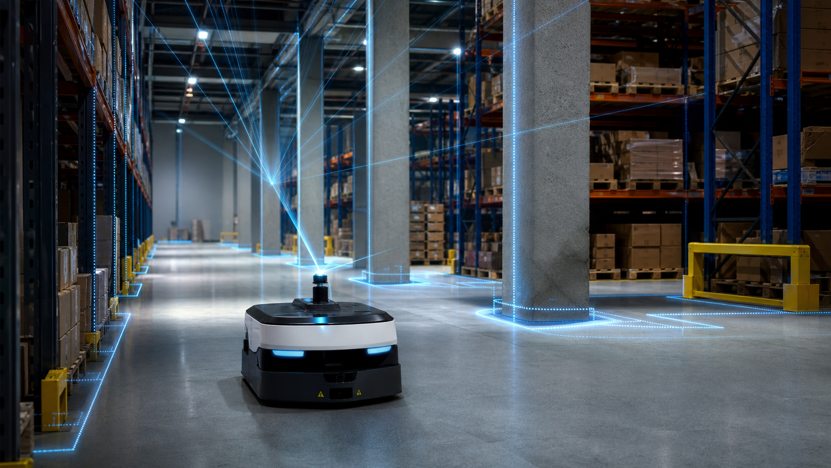 Mobiler Roboter lokalisiert sich mit Lasersensoren in einer Lagerhalle [Bildinhalt mit KI erstellt]