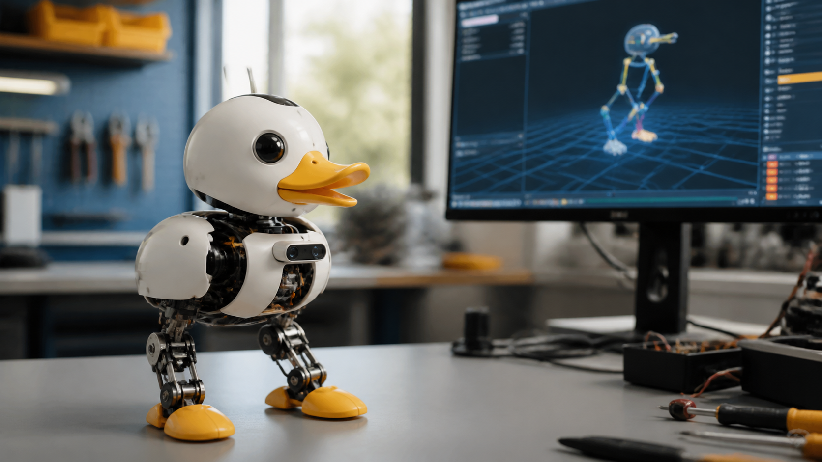 Kleiner entenförmiger Roboter vor einer Bewegungssimulation im Robotiklabor [Bildinhalt mit KI erstellt]