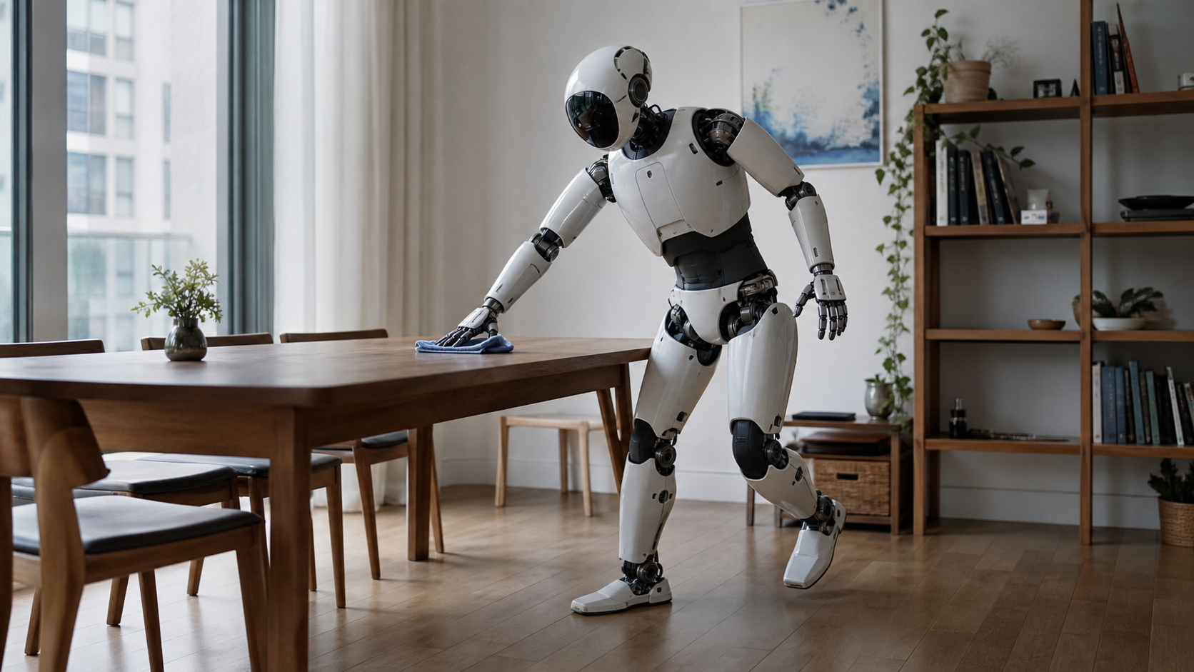 Humanoider Roboter wischt einen Tisch und koordiniert dabei Bewegung und Manipulation [图像内容由人工智能生成]