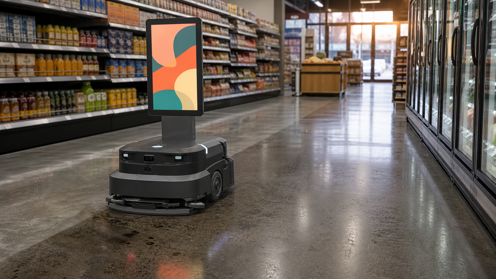 Kompakter autonomer Reinigungsroboter mit Werbedisplay in einem Supermarktgang [Bildinhalt mit KI erstellt]