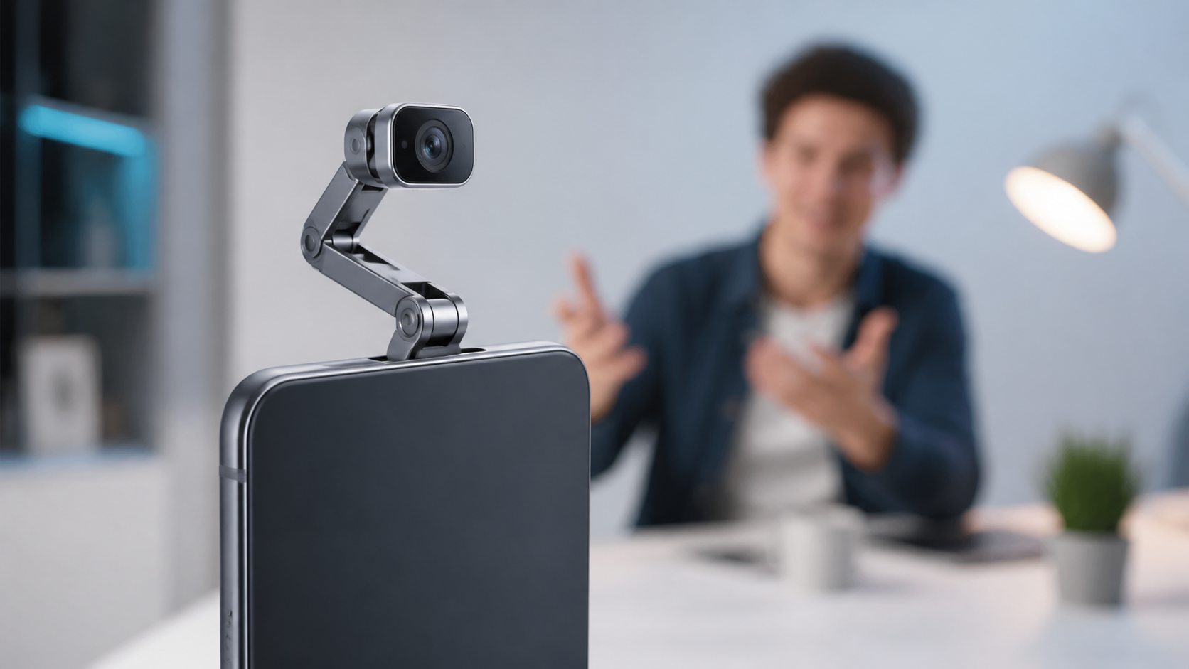 Konzept eines Smartphones mit kompaktem Gelenkarm, dessen Kamera eine Person auf der anderen Seite eines Tisches verfolgt [Bildinhalt mit KI erstellt]