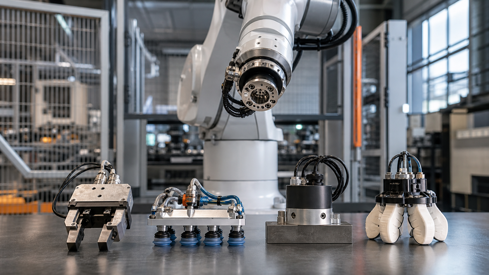 Robotergreifer im Vergleich: Parallelgreifer, Vakuumgreifer, Magnetgreifer und Softgreifer in einer modernen Roboterzelle [Bildinhalt mit KI erstellt]