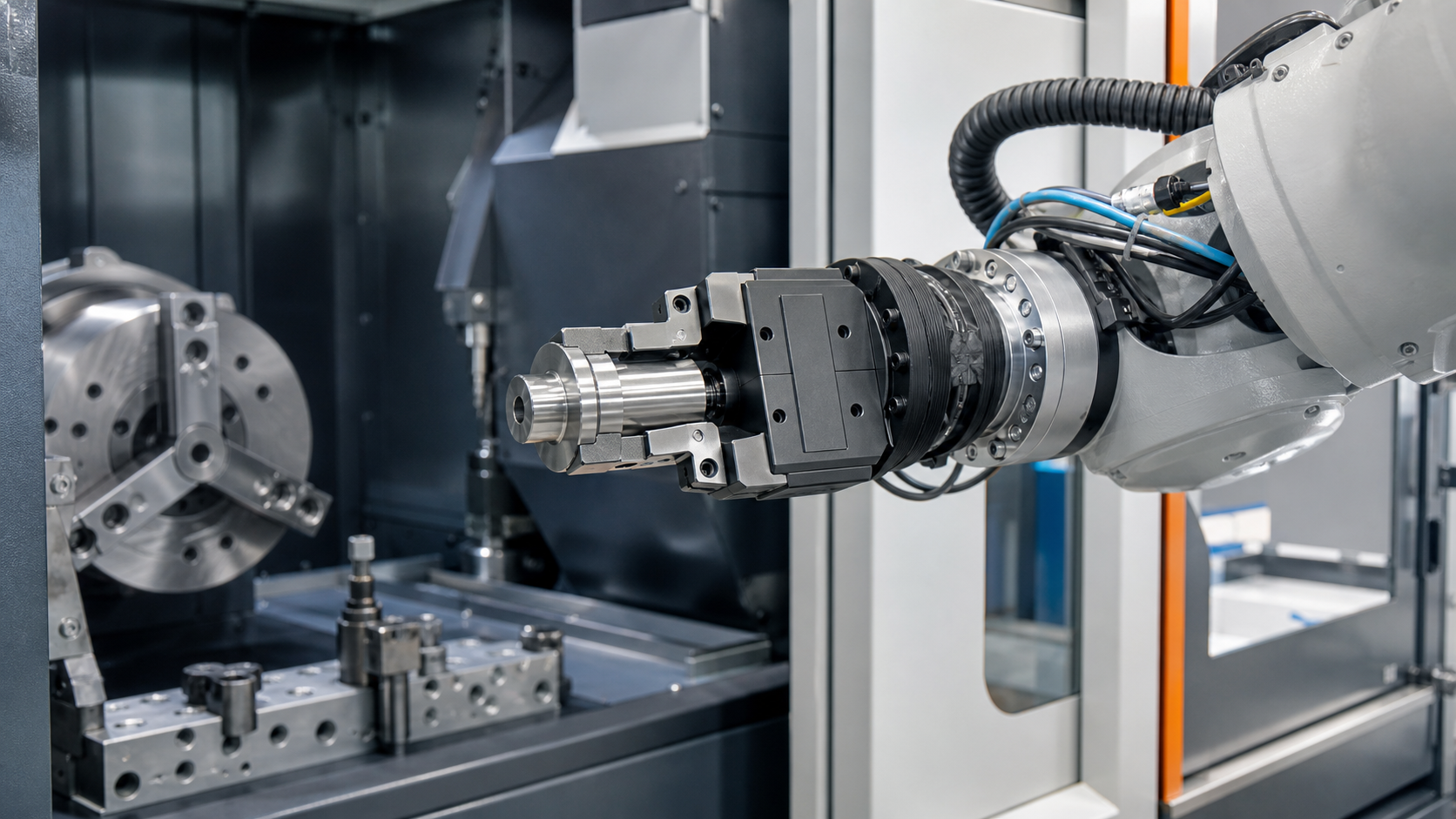 Electric parallel gripper on an industrial robot handling a precision-machined metal component in a CNC cell [Image content created with AI]