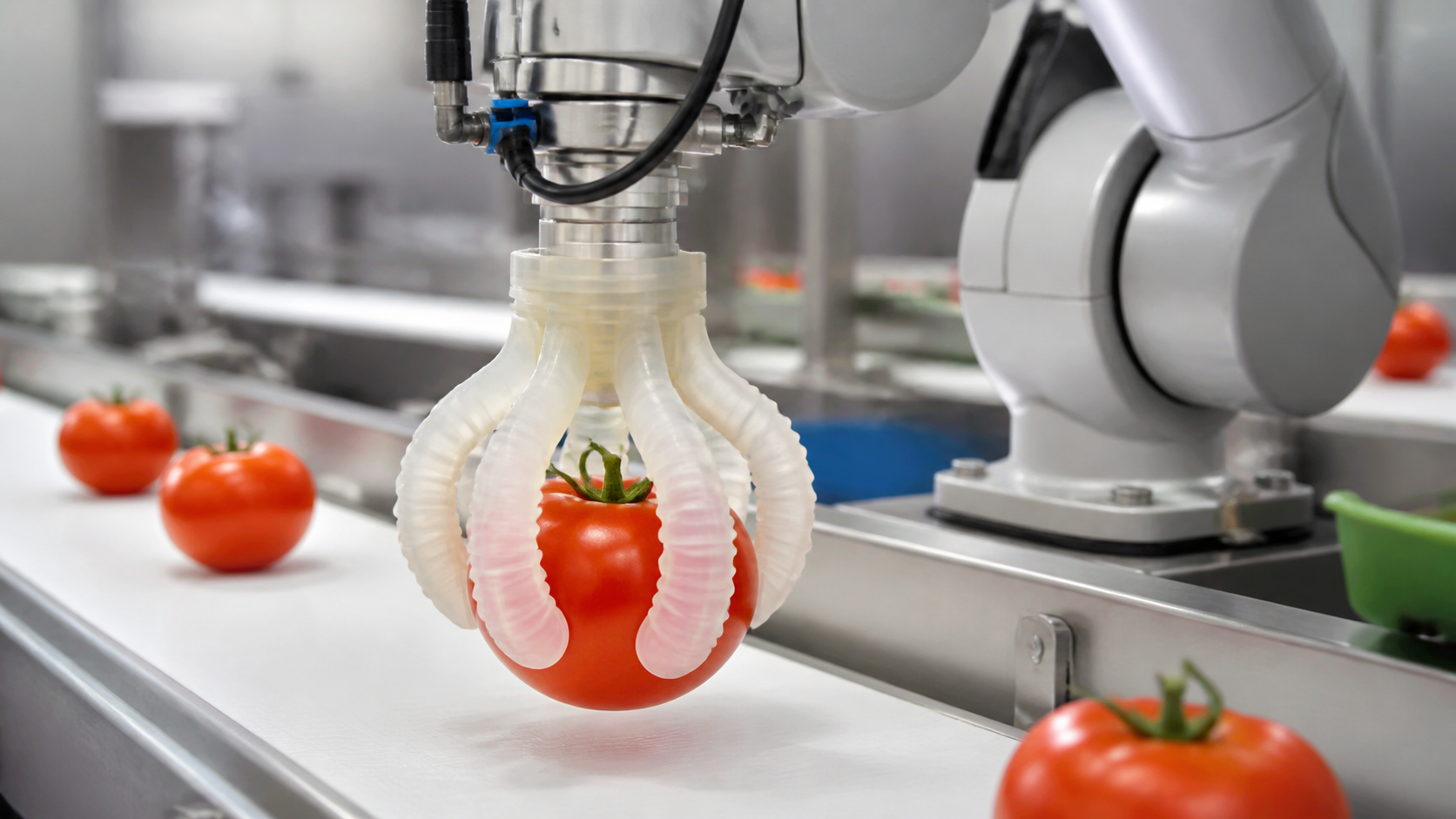 Compliant soft gripper gently handling a ripe tomato in hygienic food processing [Image content created with AI]