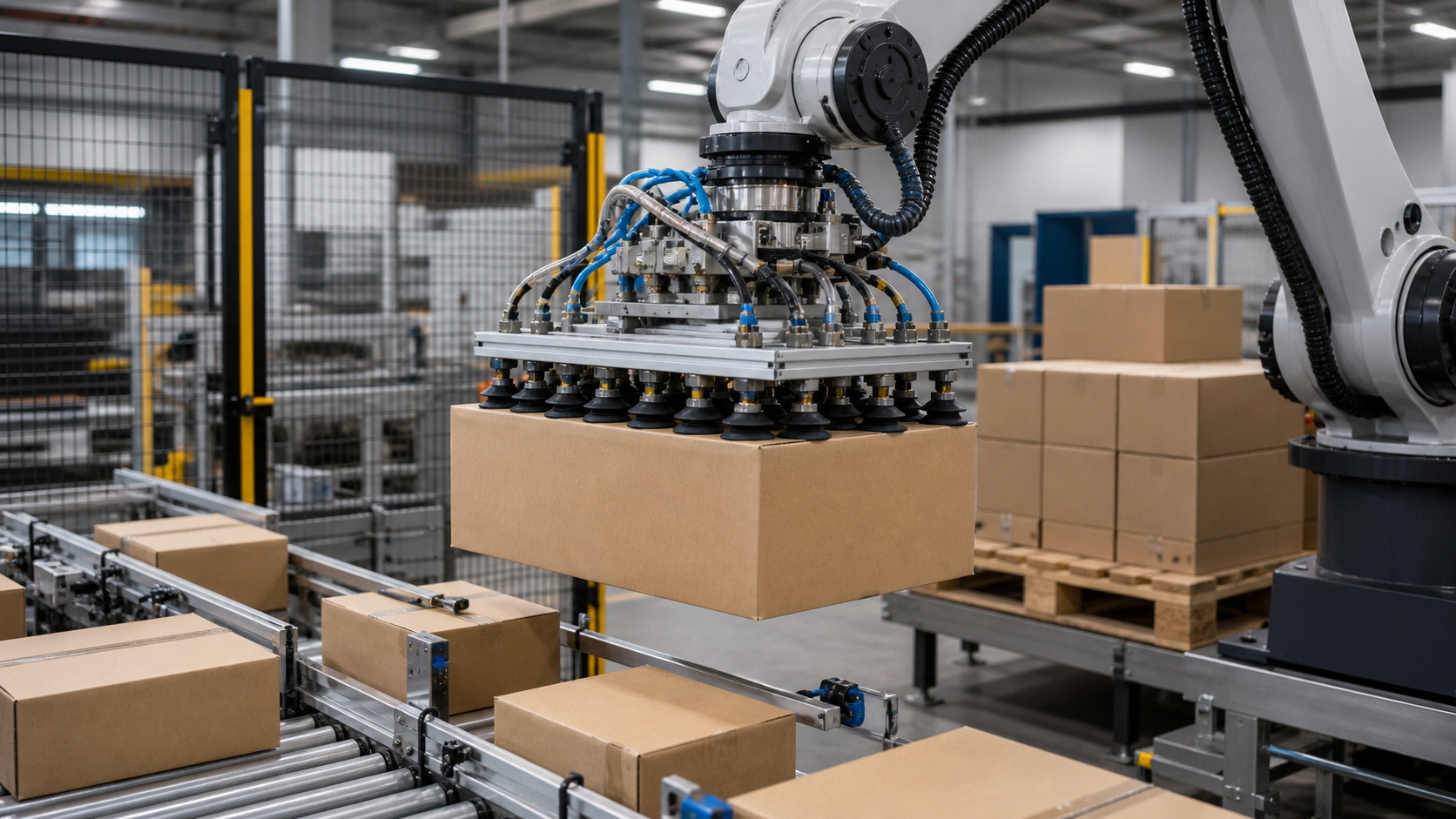 Robot with a zoned vacuum gripper lifting cardboard boxes in an automated packaging and palletizing cell [Image content created with AI]
