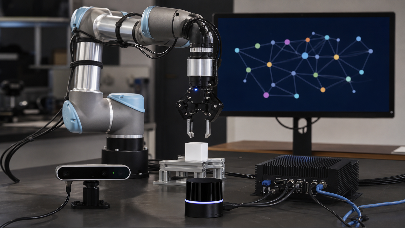 Vernetzte Robotikmodule mit Sensoren, Rechner und Roboterarm in einem Labor [Bildinhalt mit KI erstellt]