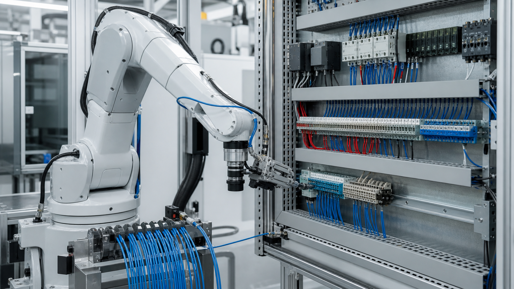 Industrieroboter verdrahtet automatisch einen elektrischen Schaltschrank [Image content created with AI]