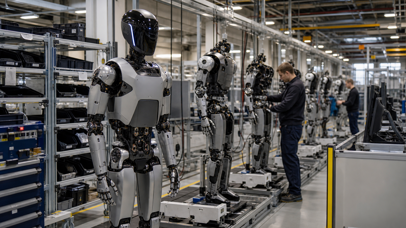 Humanoide Roboter auf einer industriellen Montagelinie mit Technikern – redaktionelle KI-Illustration [Bildinhalt mit KI erstellt]