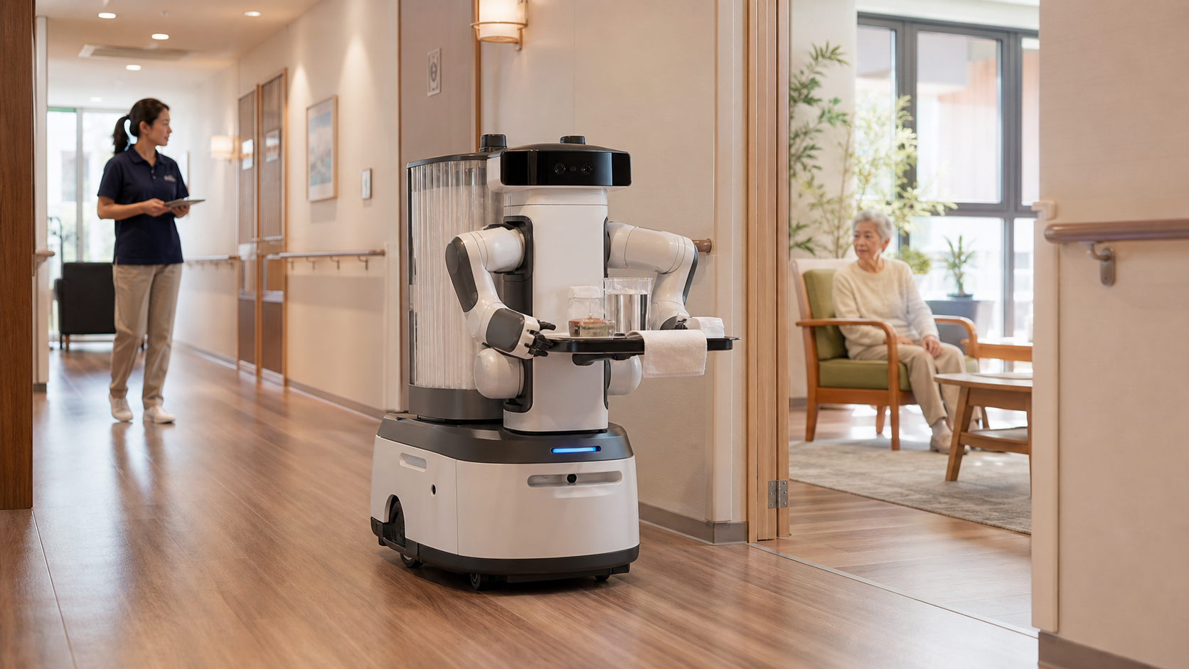 Wheeled service robot with two arms carrying a tray in a care facility while a staff member and older resident remain nearby [Image content created with AI]