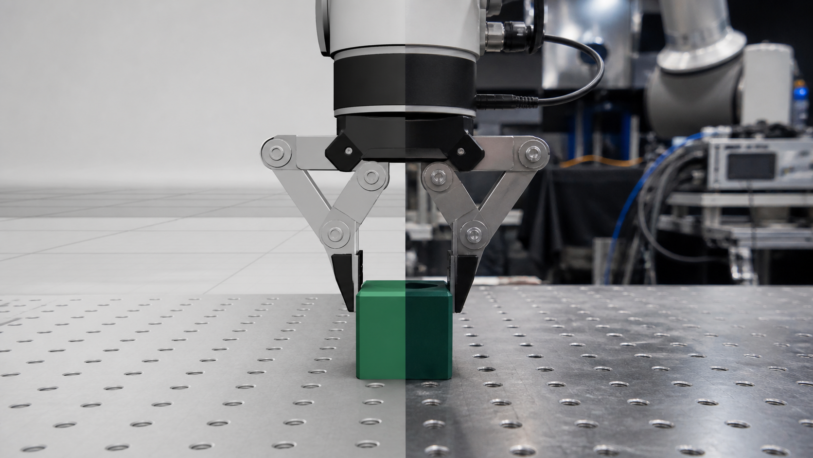 Virtuelle Robotersimulation geht nahtlos in einen realen Greifvorgang über [Bildinhalt mit KI erstellt]