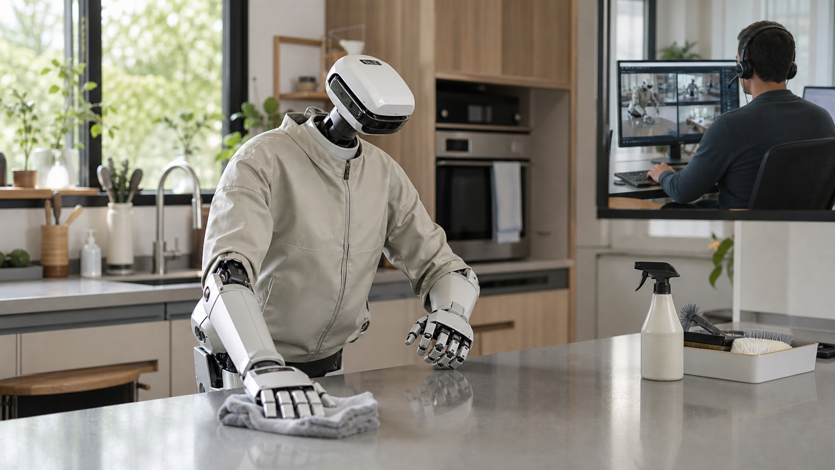 Humanoider Reinigungsroboter wischt eine Küchenarbeitsplatte, während ein Mensch seine Arbeit aus der Ferne überwacht [Bildinhalt mit KI erstellt]