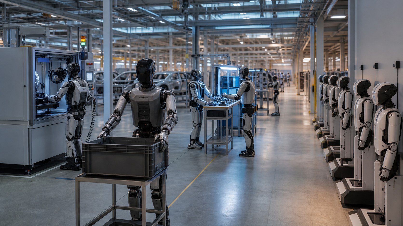 Industrielle humanoide Roboter arbeiten in einer modernen Fabrik [Bildinhalt mit KI erstellt]