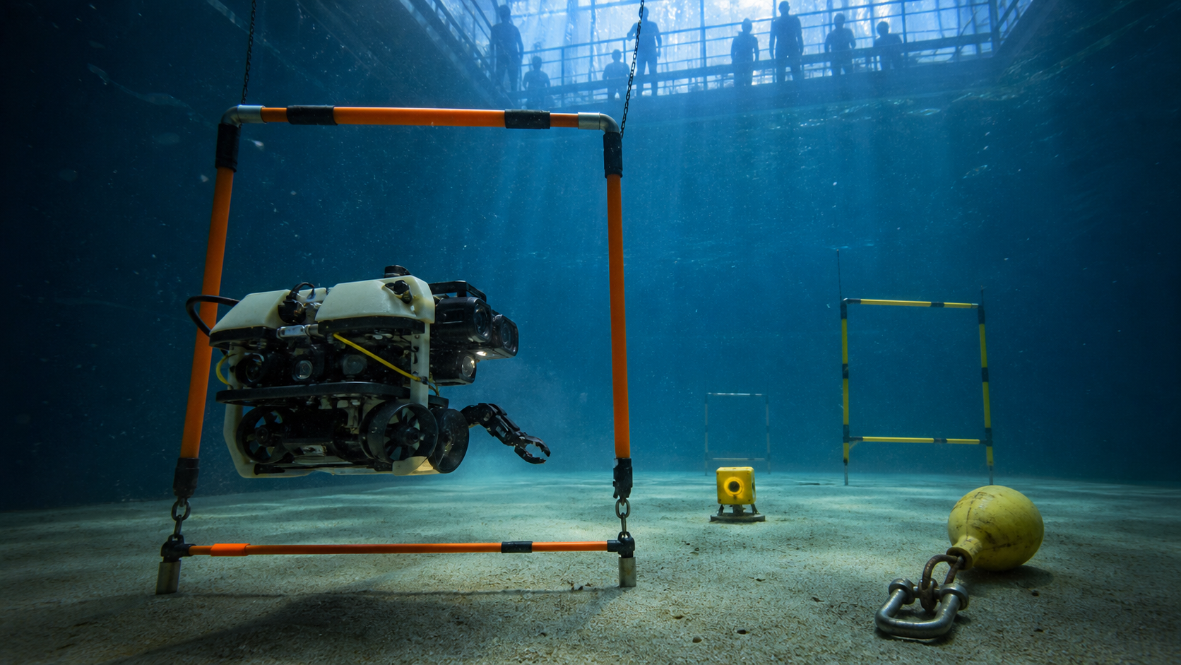 Kompakter Unterwasserroboter passiert in einem tiefen Forschungsbecken ein orangefarbenes Tor mit Inspektions- und Bergungszielen [Bildinhalt mit KI erstellt]