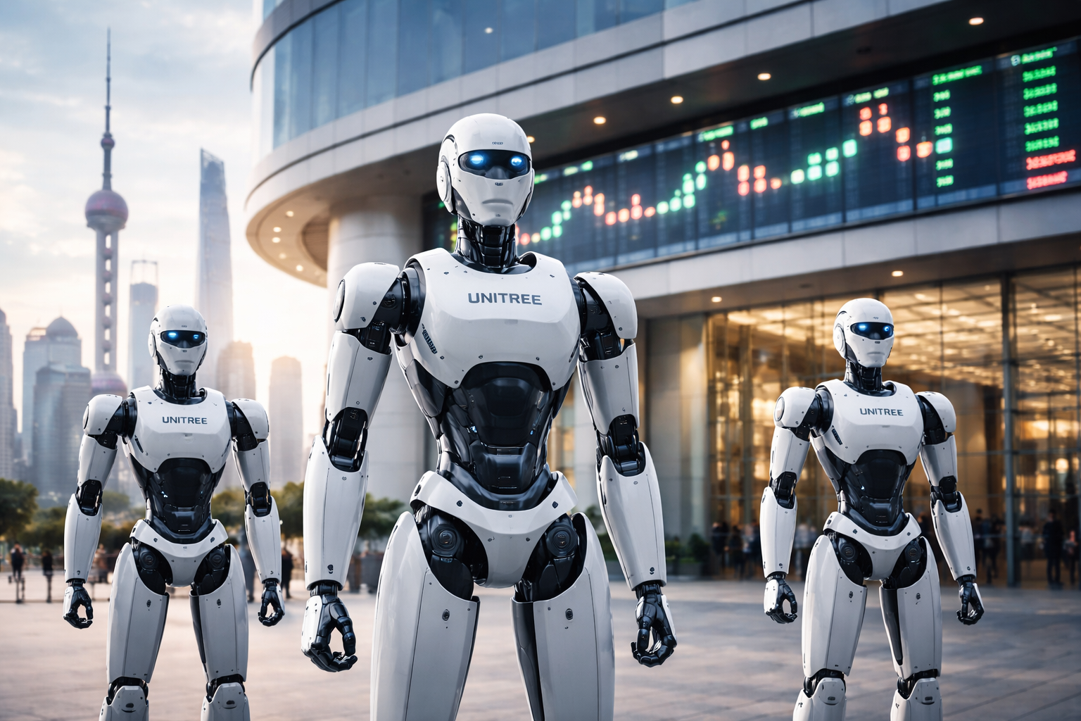 Unitree-Roboter vor einer Börsenkurs-Grafik zum Shanghai-IPO [Bildinhalt mit KI erstellt]