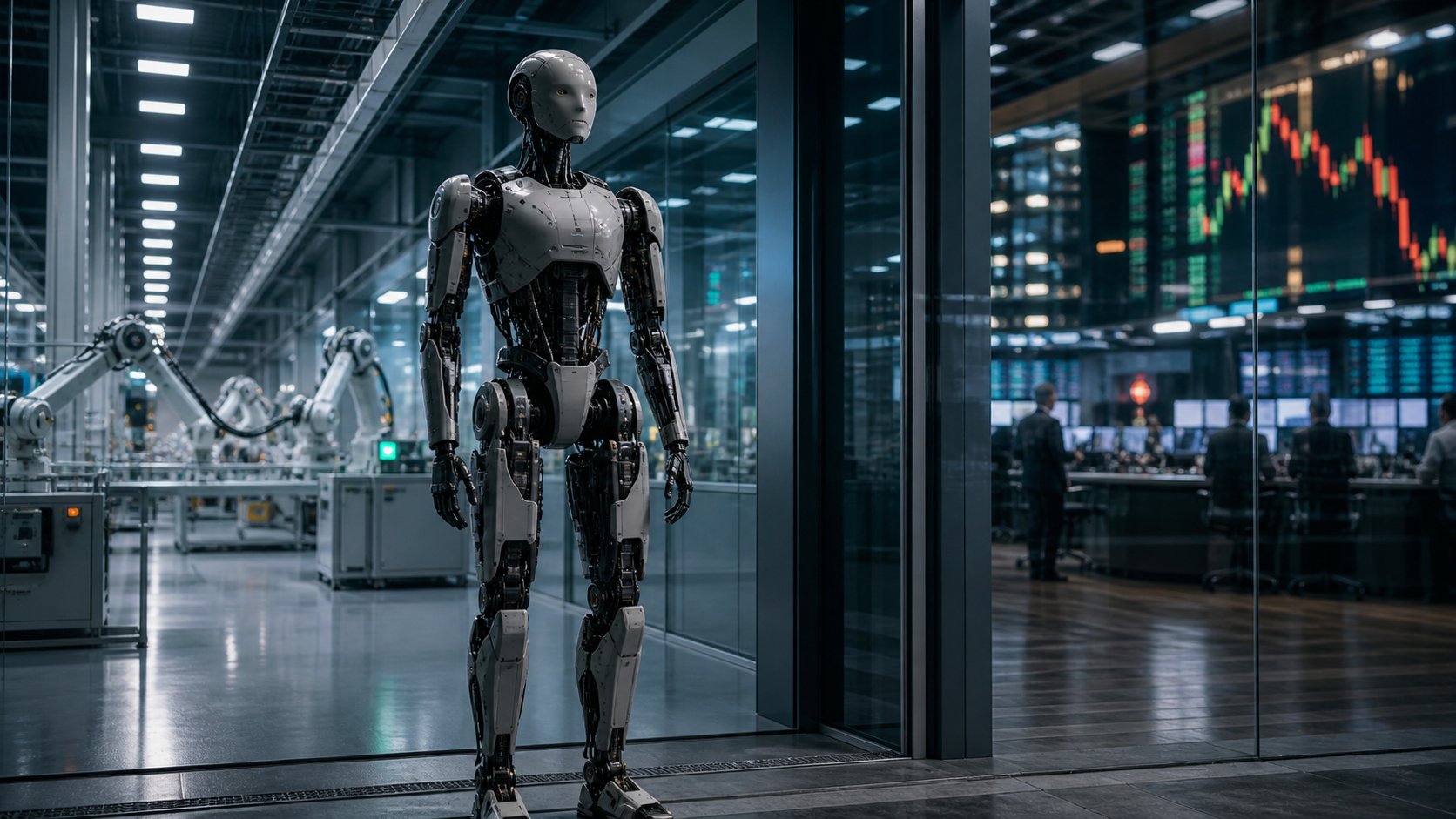 Humanoider Roboter zwischen einer modernen Produktionslinie und einem abstrakten Börsenhandelssaal [Bildinhalt mit KI erstellt]