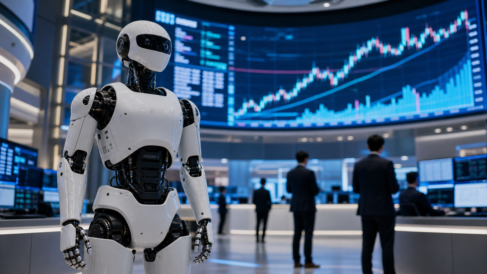 Humanoider Roboter in einer Börsenhalle mit Kursgrafiken [Bildinhalt mit KI erstellt]