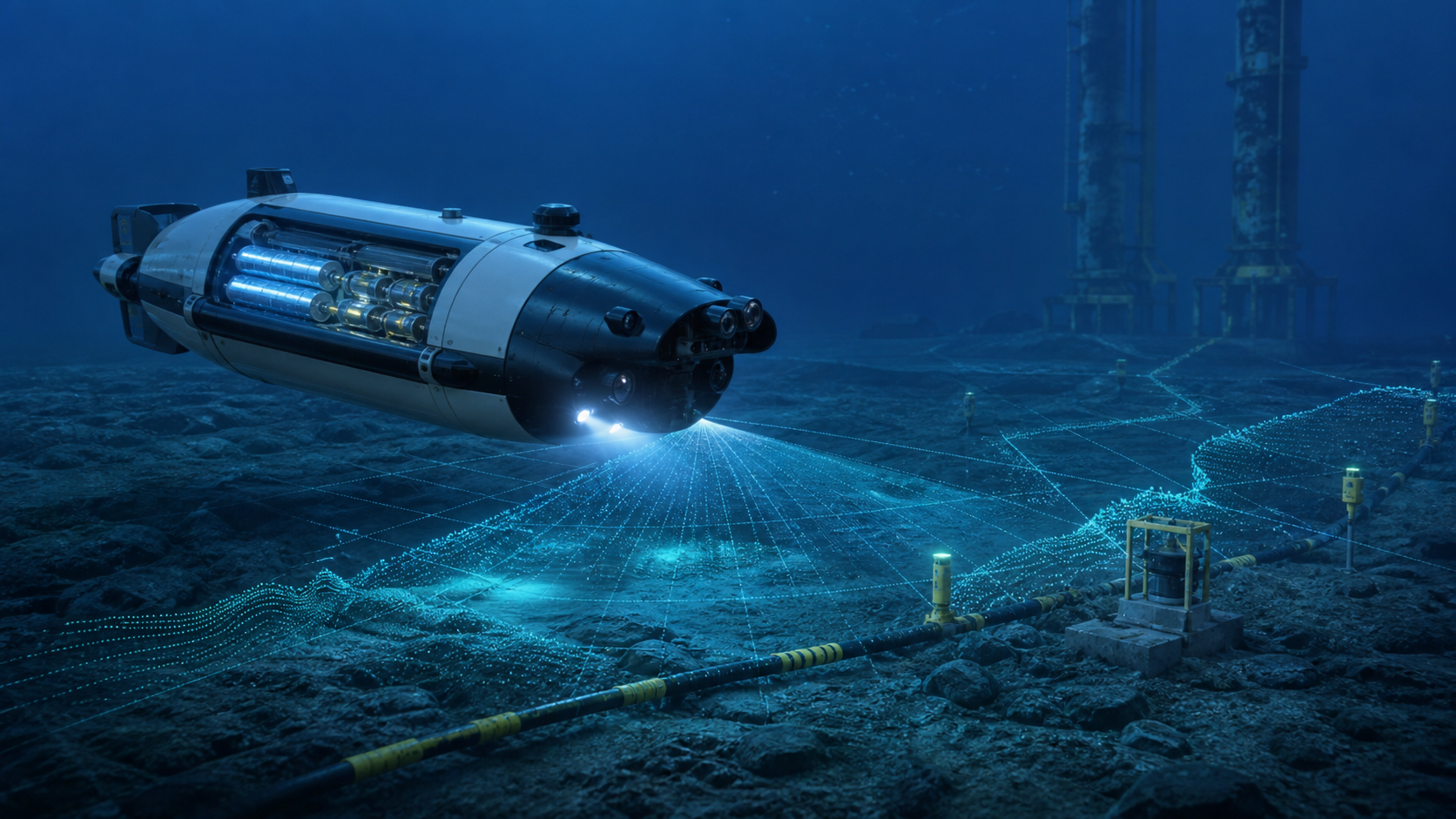 Autonomes Unterwasserfahrzeug scannt Kabel und Infrastruktur mit Sonar [Bildinhalt mit KI erstellt]