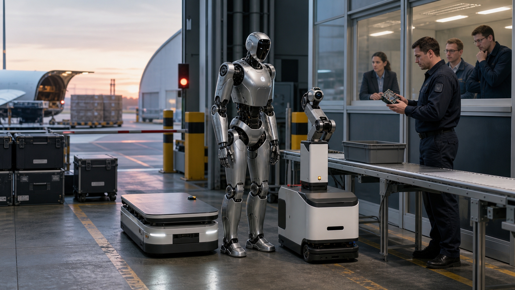 Fotorealistische redaktionelle KI-Visualisierung von humanoiden und mobilen Robotern an einer Zollkontrolle in einem Luftfrachtterminal [图像内容由人工智能生成]