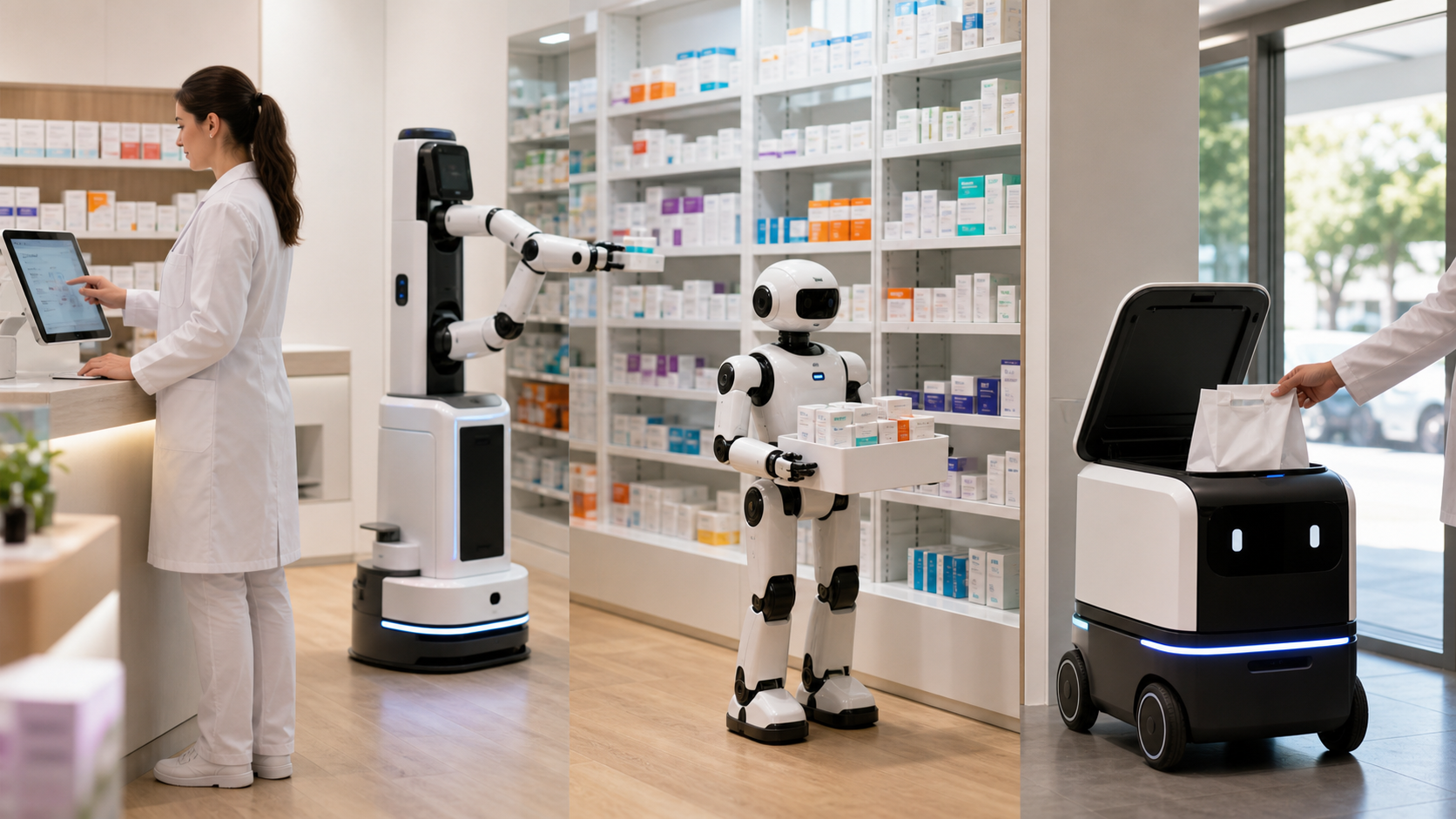 Drei unterschiedliche Serviceroboter bearbeiten gemeinsam eine Bestellung in einer modernen Apotheke [Bildinhalt mit KI erstellt]