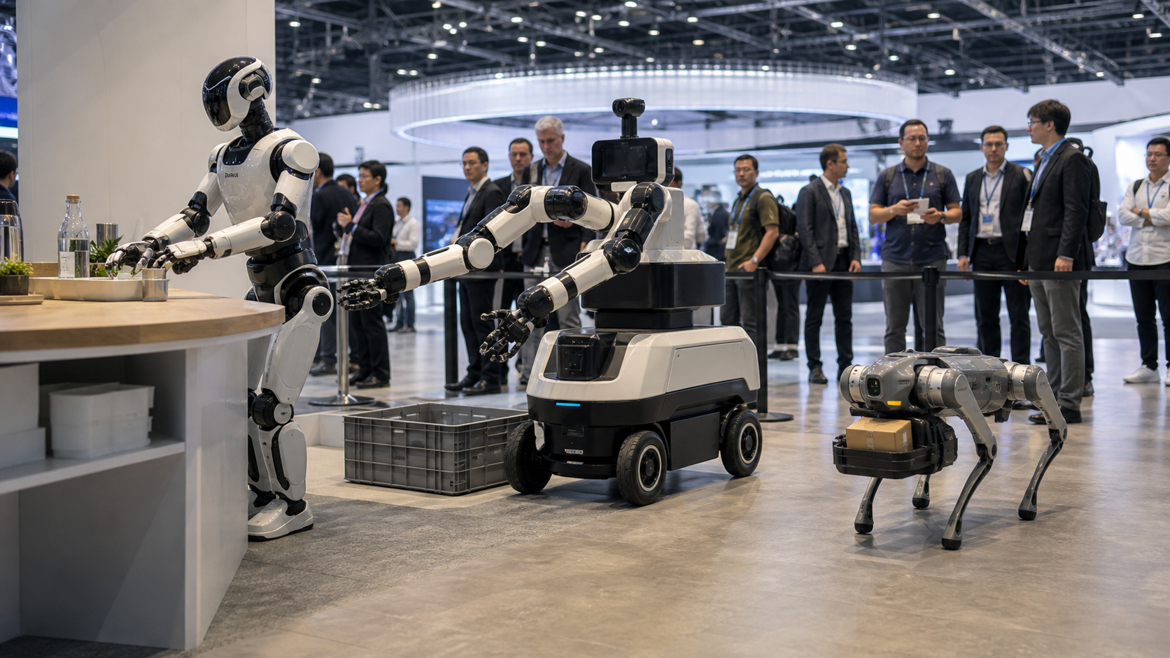 Humanoider Roboter, mobiler Manipulator und Vierbeinroboter demonstrieren Arbeitsaufgaben auf einer KI-Ausstellung [Bildinhalt mit KI erstellt]