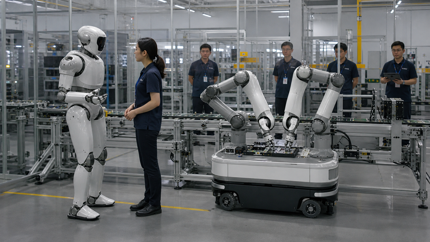 Servicehumanoid und fahrender Industrieroboter arbeiten an einer modernen Produktionslinie [Bildinhalt mit KI erstellt]