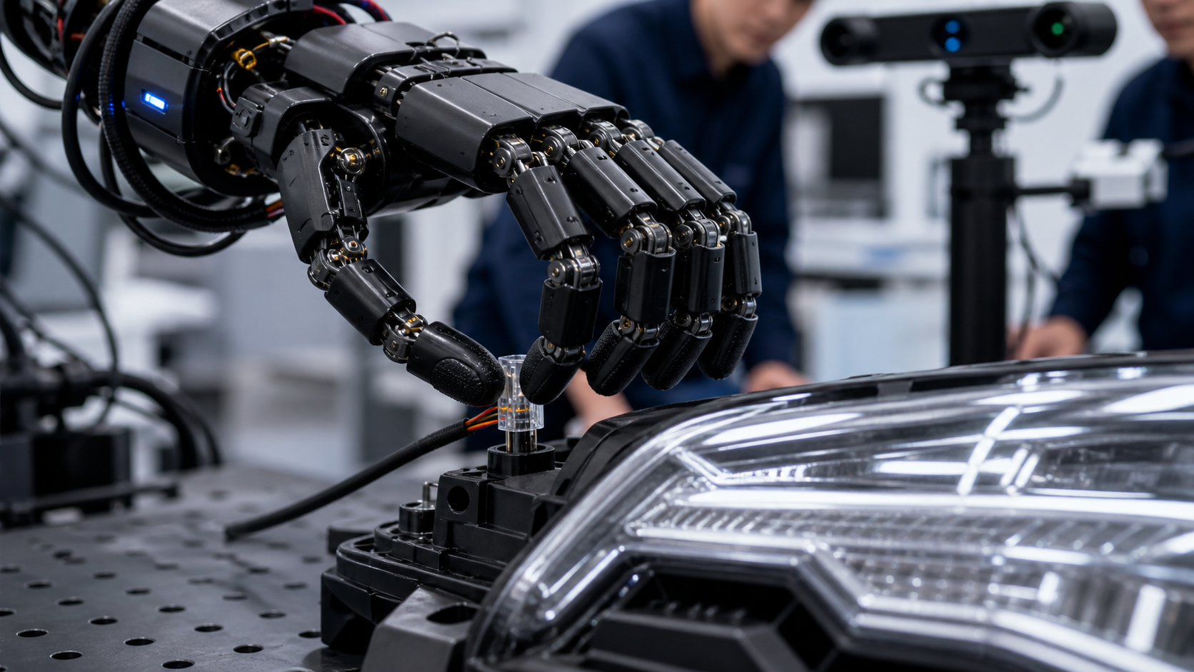 Taktile Roboterhand setzt einen transparenten Steckverbinder in eine Fahrzeugleuchte ein [Bildinhalt mit KI erstellt]