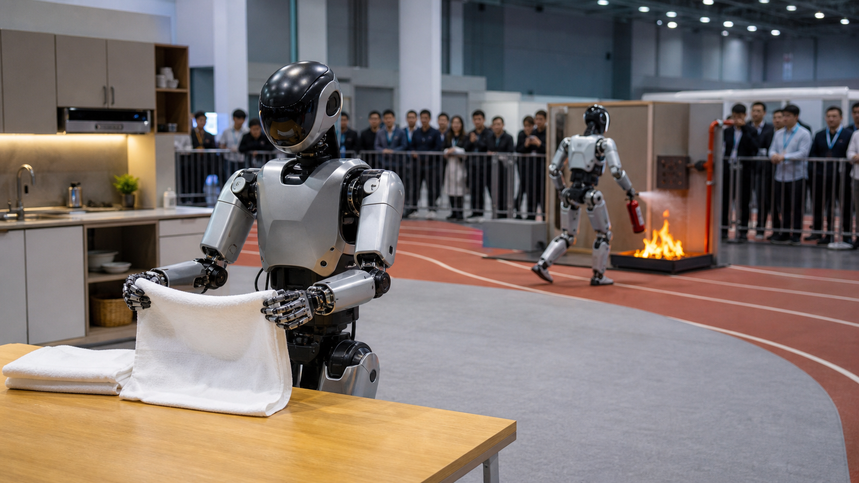 Humanoide Roboter falten Wäsche und trainieren einen Feuerwehreinsatz in einer realitätsnahen Testarena [Image content created with AI]