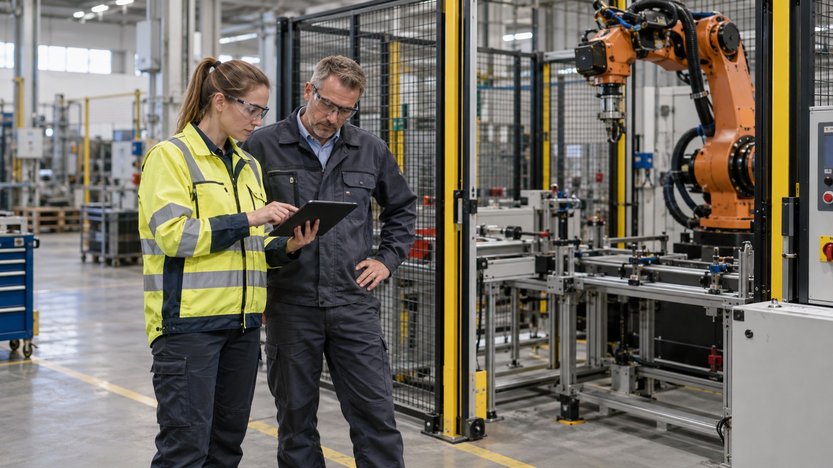 Sicherheitsingenieurin und Produktionsleiter prüfen eine Roboterzelle [Bildinhalt mit KI erstellt]
