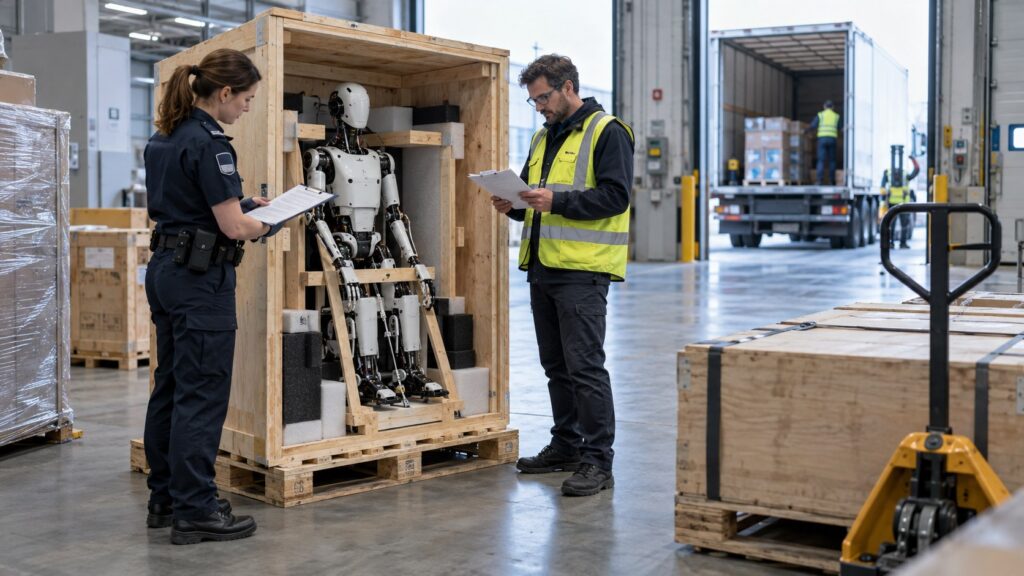 Humanoiden Roboter importieren: Zoll, CE und reale Gesamtkosten 1 Fachleute prüfen einen verpackten humanoiden Roboter im Warenlager