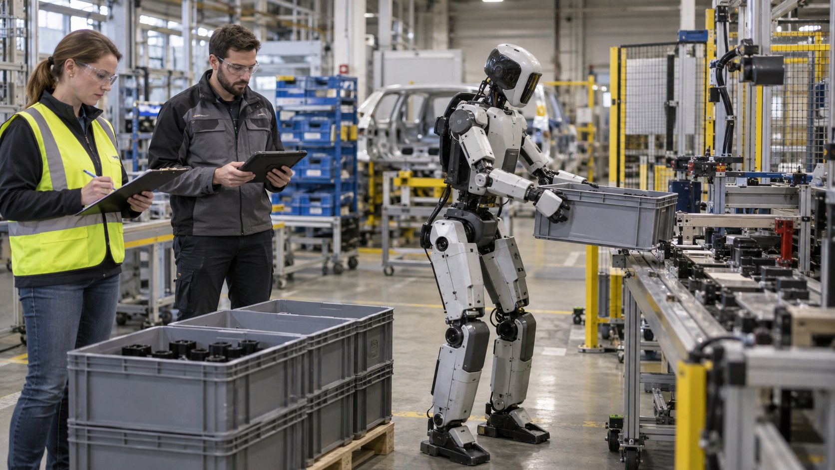 Humanoider Roboter transportiert Behälter in einer realen europäischen Fabrikhalle [Bildinhalt mit KI erstellt]