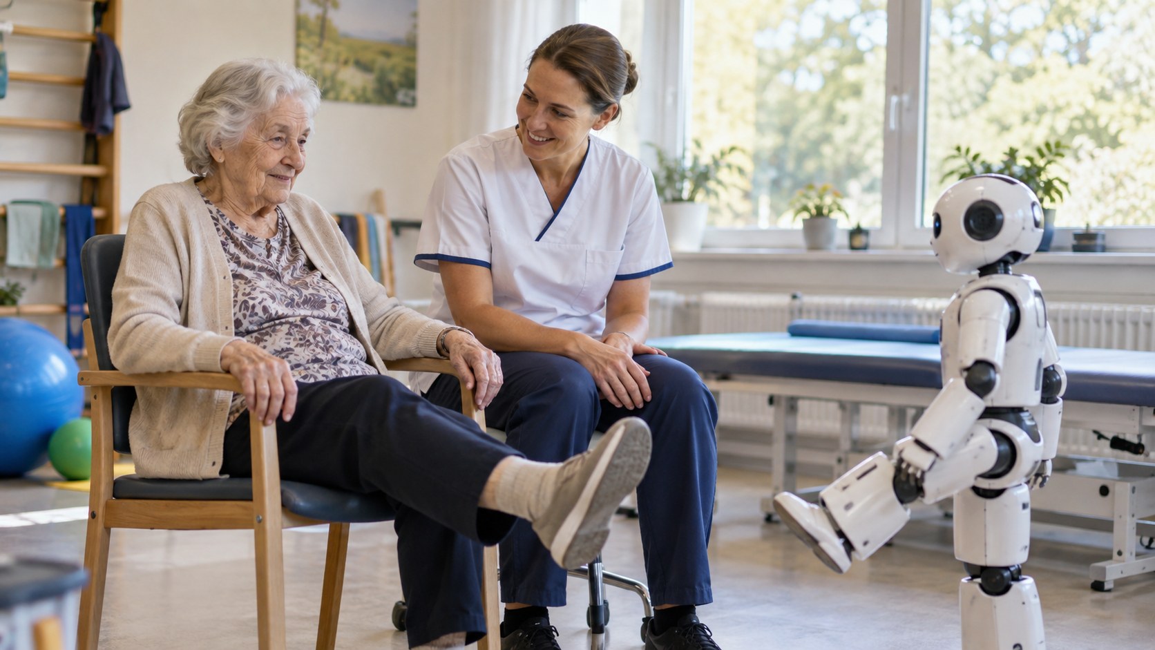 Pflegefachkraft begleitet eine ältere Patientin bei einer Übung mit einem kleinen humanoiden Roboter [Bildinhalt mit KI erstellt]