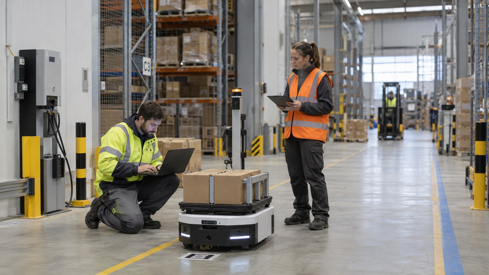 Techniker und Logistikmitarbeiter nehmen einen mobilen Roboter im Lager in Betrieb [Bildinhalt mit KI erstellt]