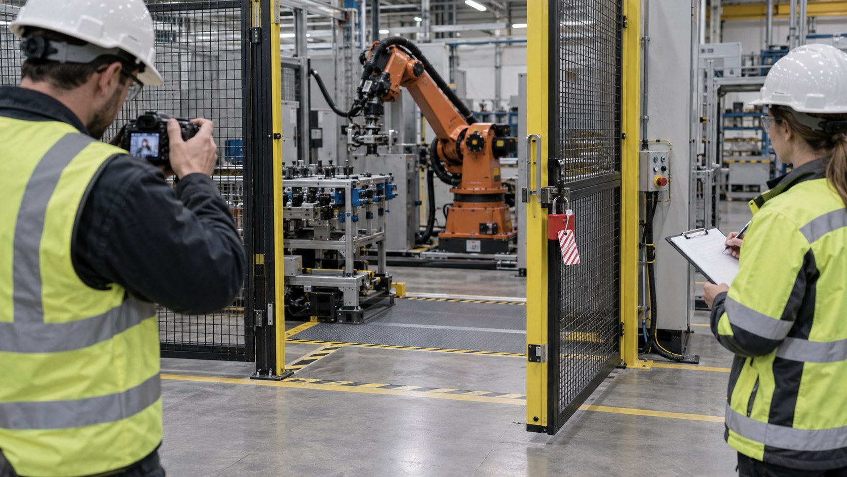 Fachkräfte dokumentieren eine Störung an einer stillgesetzten Industrieroboterzelle [Bildinhalt mit KI erstellt]