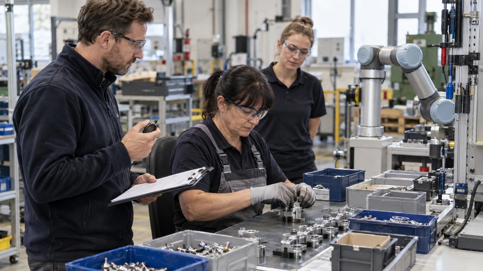 Prozessingenieur und Mitarbeiterin bewerten gemeinsam einen realen Cobot-Arbeitsplatz [Bildinhalt mit KI erstellt]