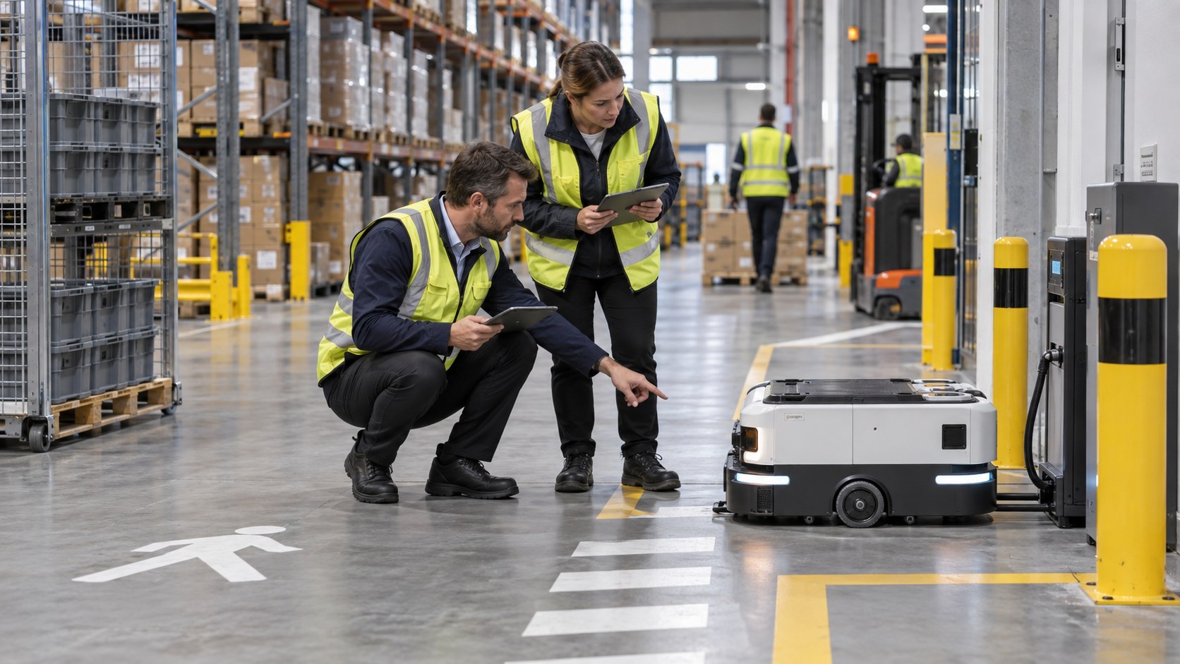 Risikofachleute prüfen einen mobilen Roboter in einem modernen Warenlager [Bildinhalt mit KI erstellt]