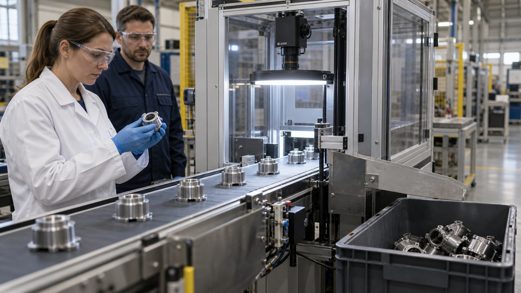 Mitarbeiterin überwacht eine industrielle Kamerastation zur visuellen Qualitätsprüfung [Bildinhalt mit KI erstellt]