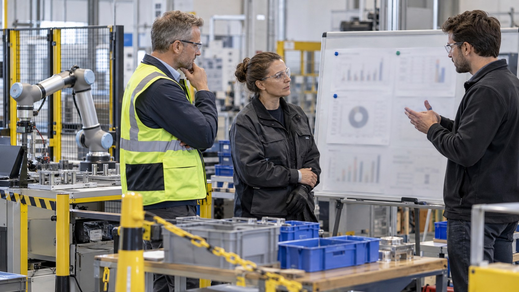 Projektteam bewertet an einer Roboterzelle messbare Go- und Stop-Kriterien [Bildinhalt mit KI erstellt]