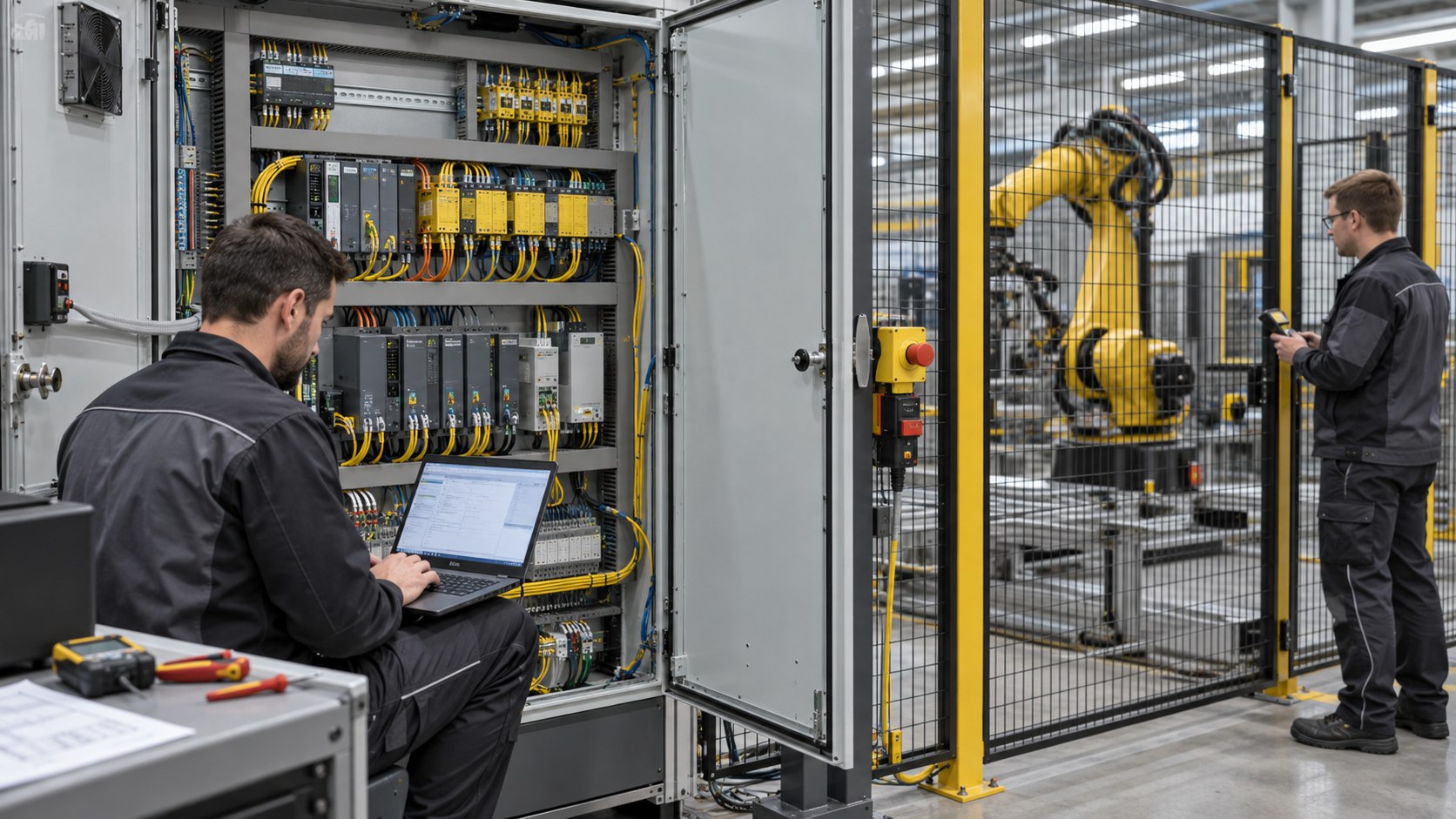 Automatisierungsingenieur prüft eine Sicherheitssteuerung neben einer geschützten Roboterzelle [Bildinhalt mit KI erstellt]
